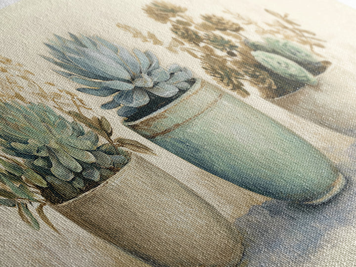 Succulent Collection in Ceramic Planters Canvas Print, Patio Art, Floral Art, Patio Decor, Oil Painting, Outdoor, PAT-3x1-61