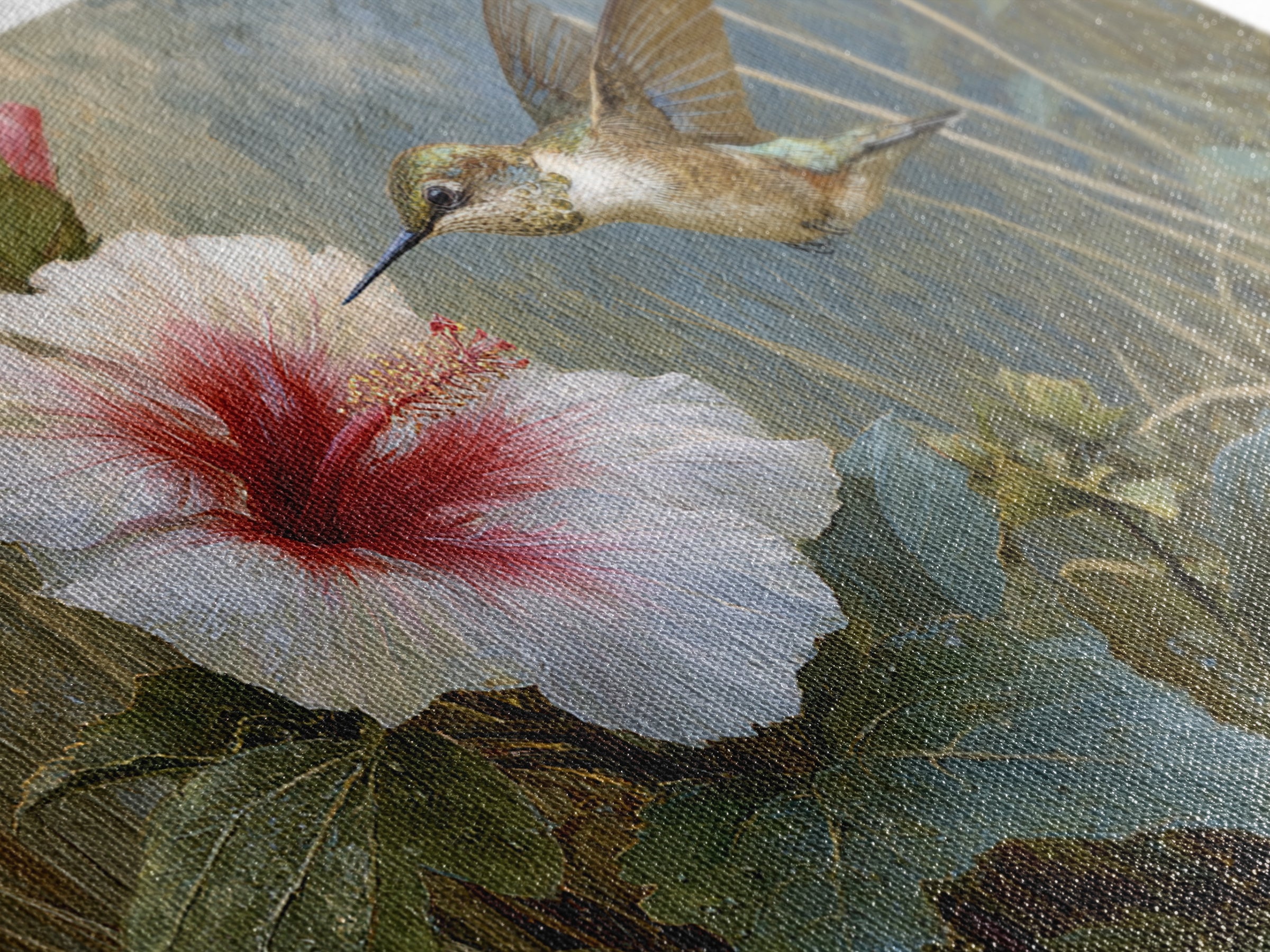 Hummingbird Visiting Bright Hibiscus Framed Canvas Print, Patio Art, Patio Cushions, Patio Decor, Outdoor, Luxury Decor, PAT-3x2-31