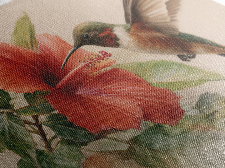 Hummingbird Visiting Bright Hibiscus Framed Canvas Print, Patio Art, Decor, Patio Decor, Oil Painting, Outdoor, PAT-3x2-55