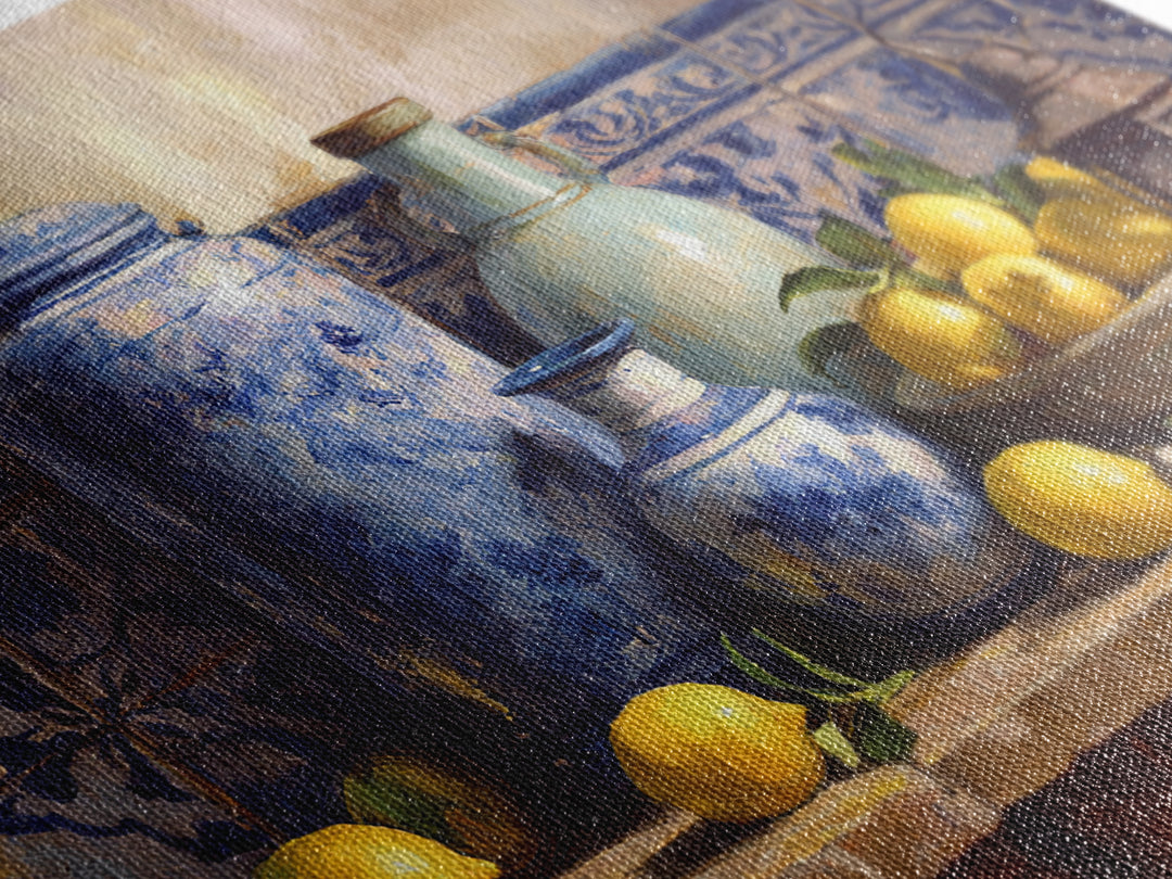 Mediterranean Lemons and Blue Tile Pattern Framed Canvas Print, Patio Art, Yard Art, Patio Decor, Outdoor, Lake House Decor, PAT-3x2-6