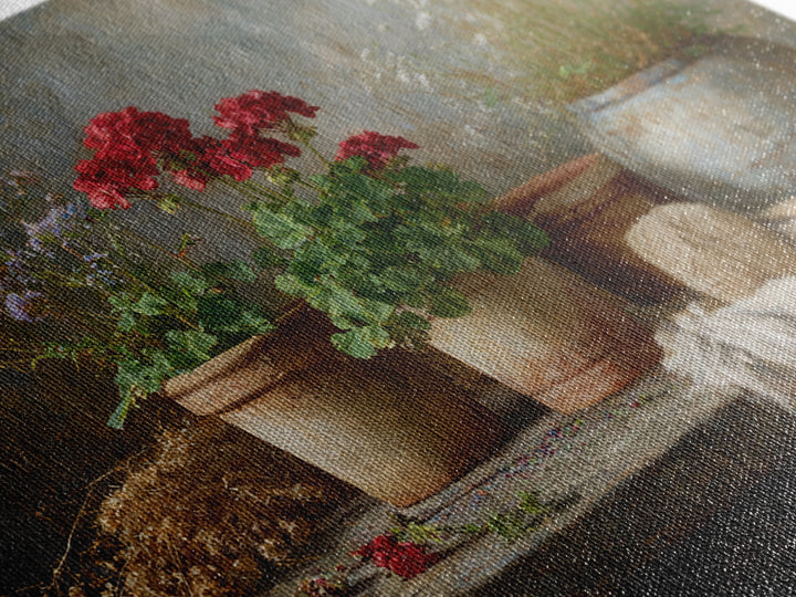 Potted Geraniums in Rustic Clay Pots Canvas Print, Patio Art, Floral Wall Art, Patio Decor, Fine Art, Outdoor, Mixed Media Art, PAT-3x2-66