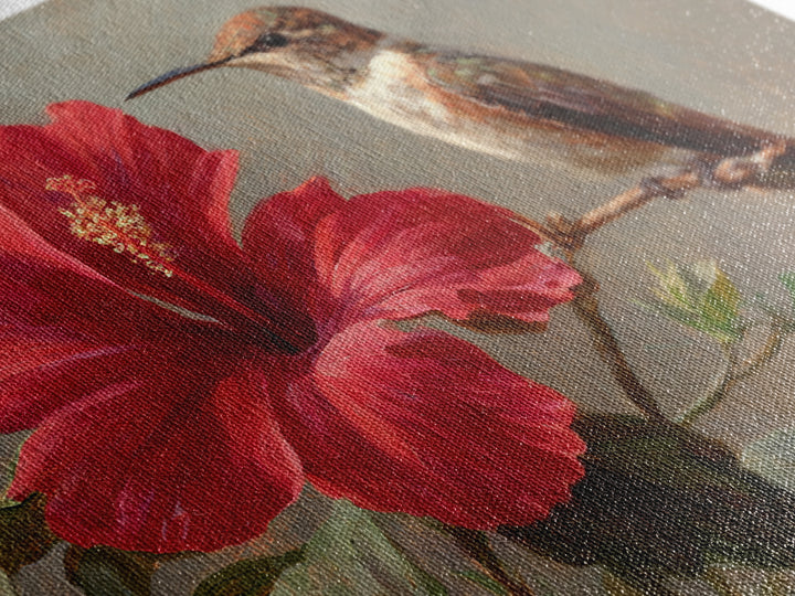 Hummingbird Visiting Bright Hibiscus Framed Canvas Print, Patio Art, Patio Decor, Abstract Art, Outdoor, Floral Wall Art, PAT-3x2-7
