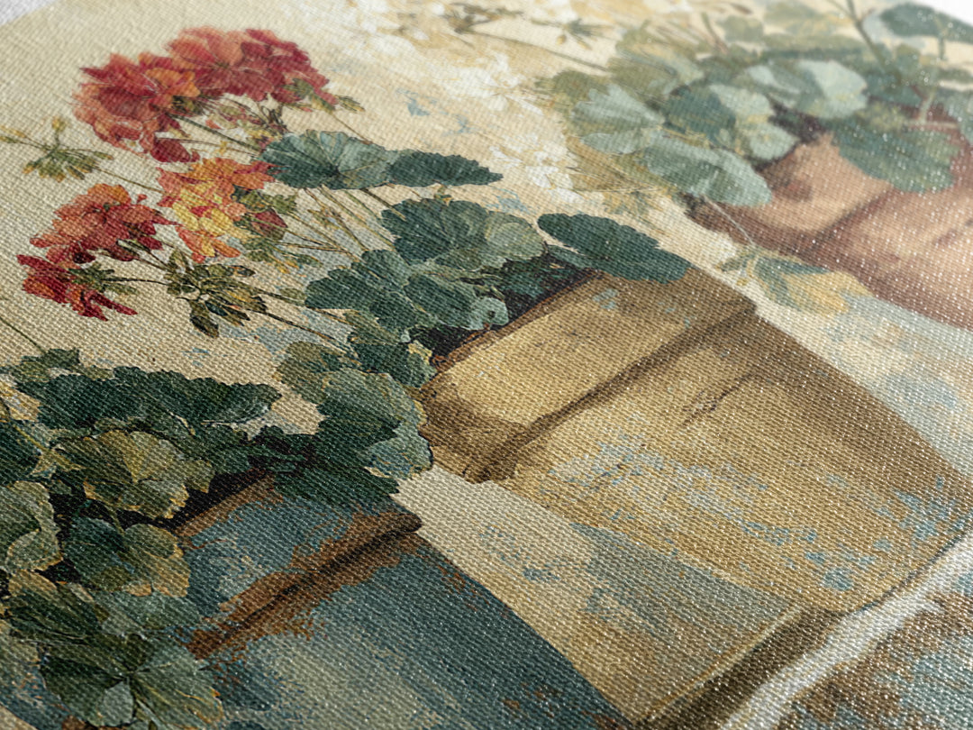 Potted Geraniums in Rustic Clay Pots Framed Canvas Print, Patio Art, Beach Art, Patio Decor, Fine Art, Outdoor, Neutral Decor, PAT-3x2-90