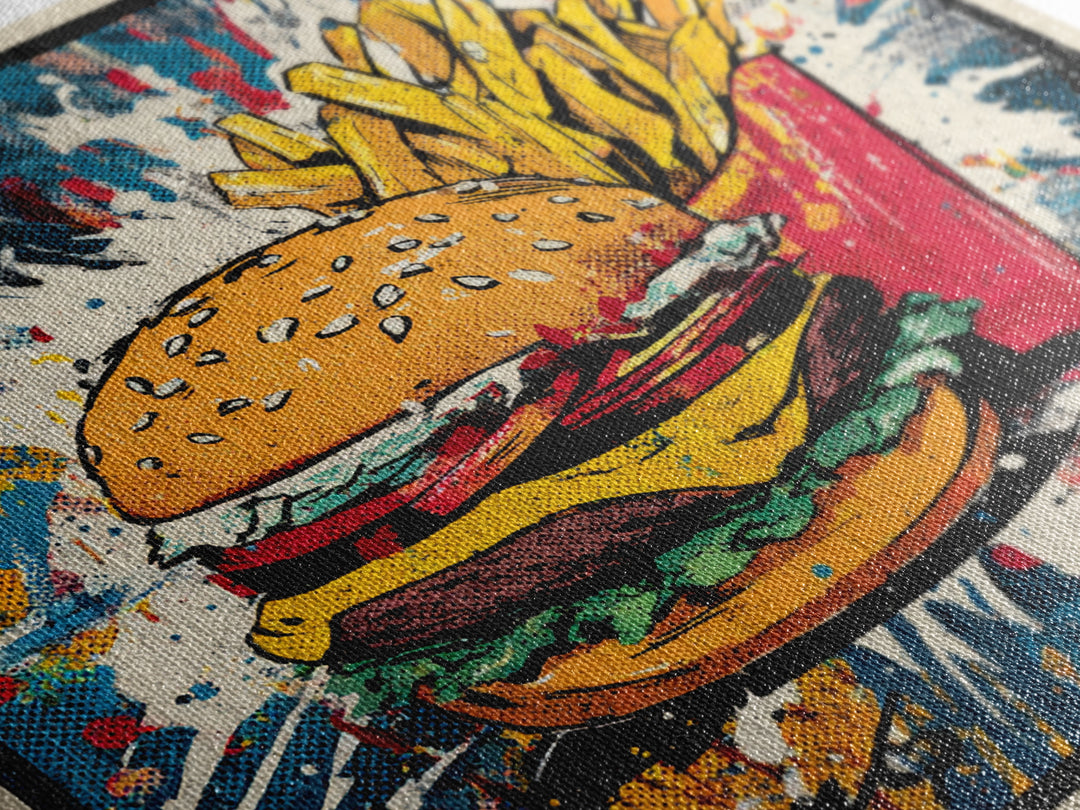 Hamburger and Fries Framed Canvas Print, Pop Art, Statement Artwork, Living Room Decor, Abstract Art, Pop, Wall Decor, POP-1x1-33