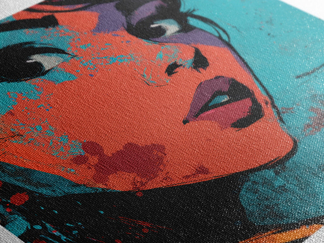 Neon Portrait with Thick Black Outlines Canvas Print, Pop Art, Dark Art, Living Room Decor, Oil Painting, Pop, POP-1x1-76
