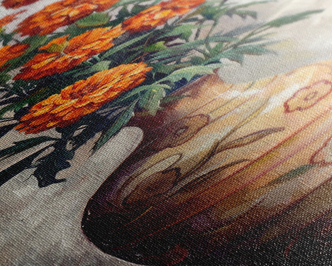 Orange Marigolds in Vase Painted on Textured Canvas, Tall and Narrow Framed Art, Botanical Art Print for Kitchen, Gallery Art, Moody Art