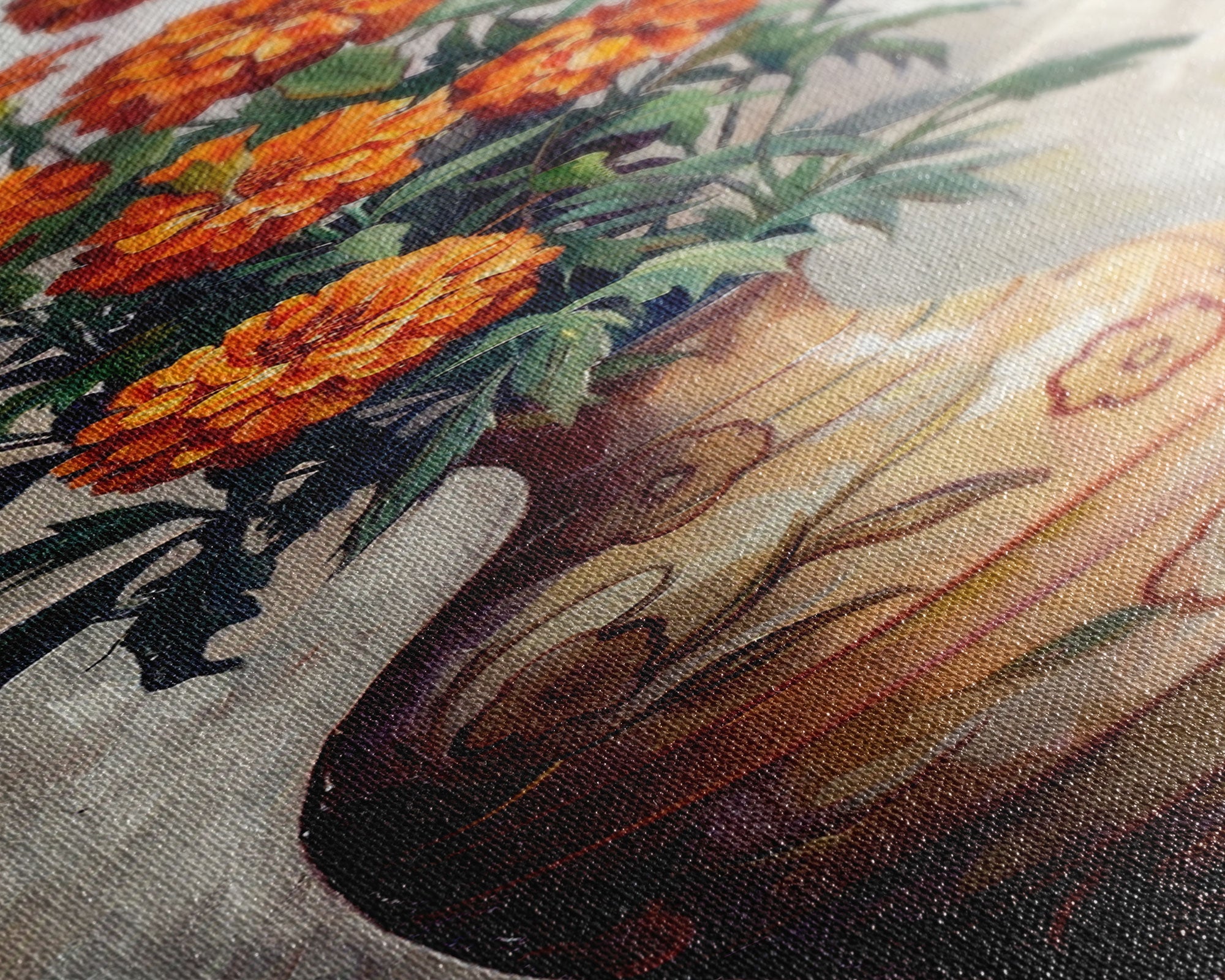 Orange Marigolds in Vase Painted on Textured Canvas, Tall and Narrow Framed Art, Botanical Art Print for Kitchen, Gallery Art, Moody Art