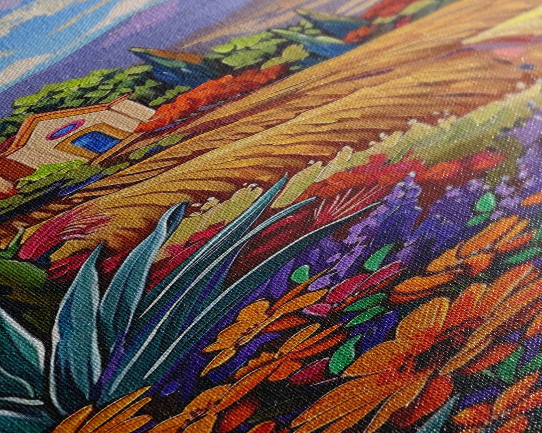 Framed and Printed Canvas Painting of Colorful Tuscan Countryside, Gouache Textured Canvas Painting, Botanical Wall Art Print, Skinny Art