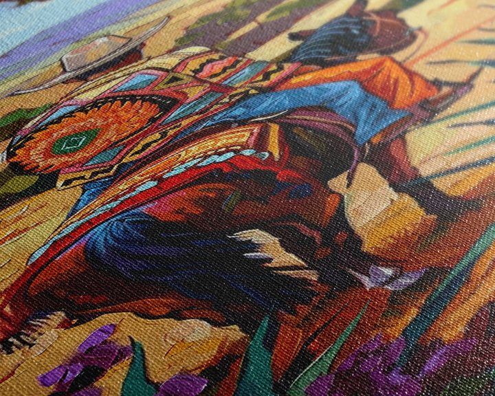 Long Narrow Wall Art Painting of Jalisco Cowboy, Southwest Wall Art Painting, Colorful Desert Canvas Painting Framed and Printed, Office Art