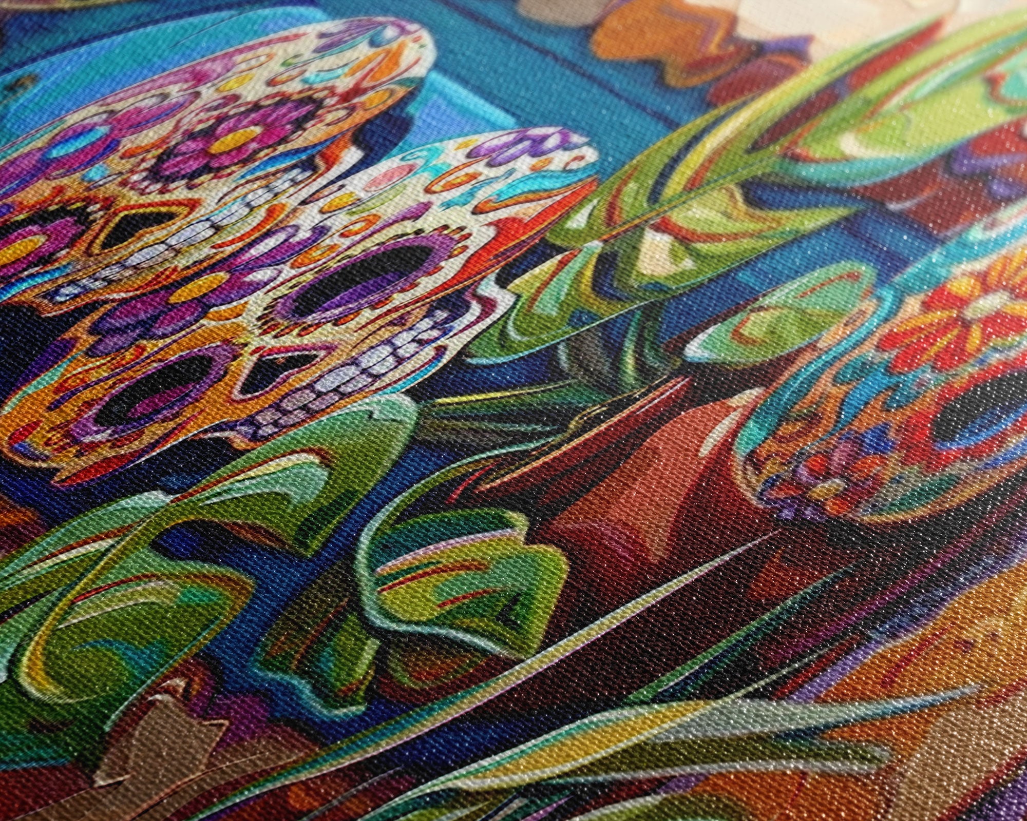 Day of The Dead Inspired Mexican Canvas Painting Framed, Long Narrow Wall Art Print, Spanish Style Home Decor, Contemporary Art Print