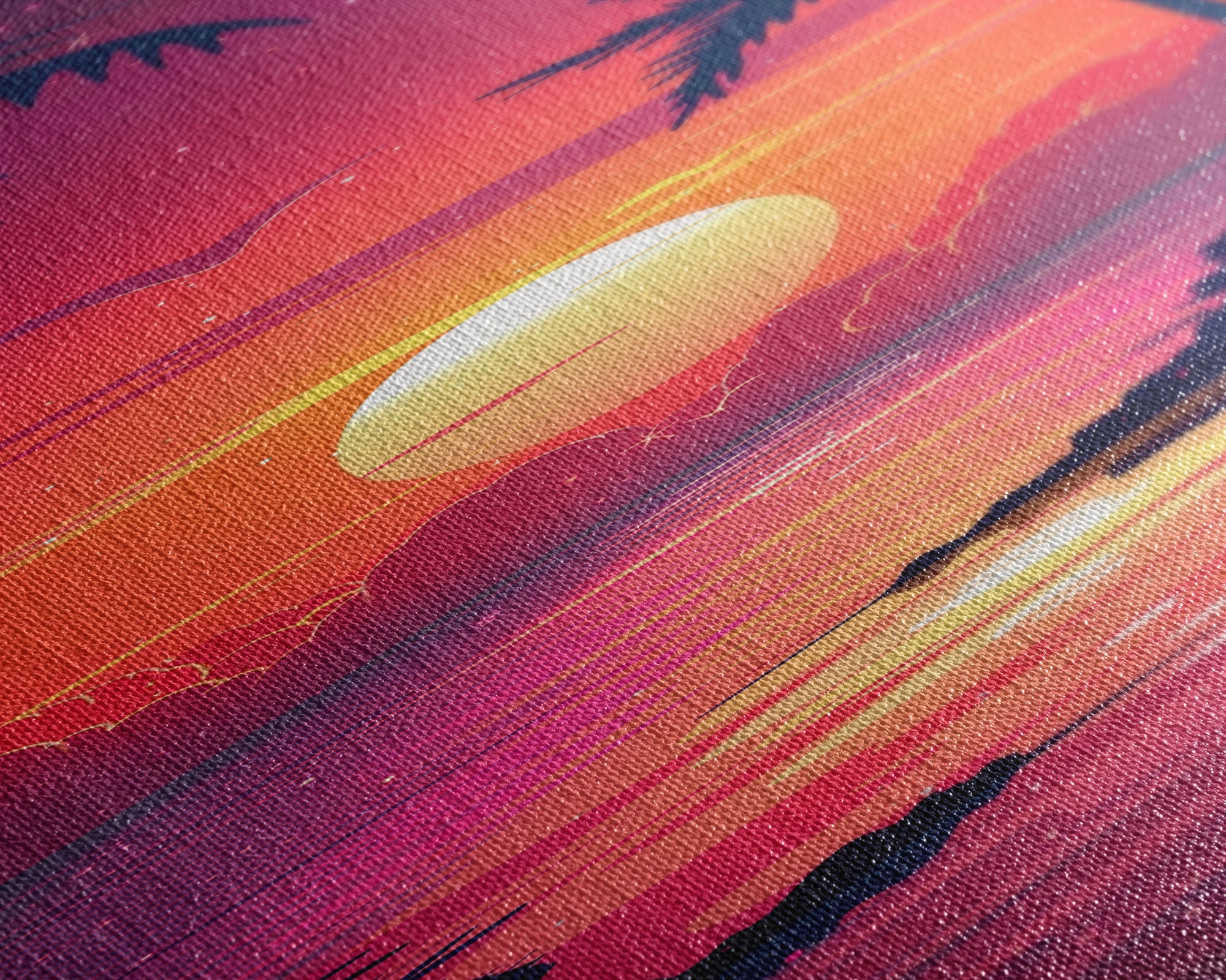 Retro Tropical Sunset Midcentury Modern Art - Framed Canvas Print, Boho Art, Skinny Art, Living Room Art, Bedroom Decor, Coastal Wall Art