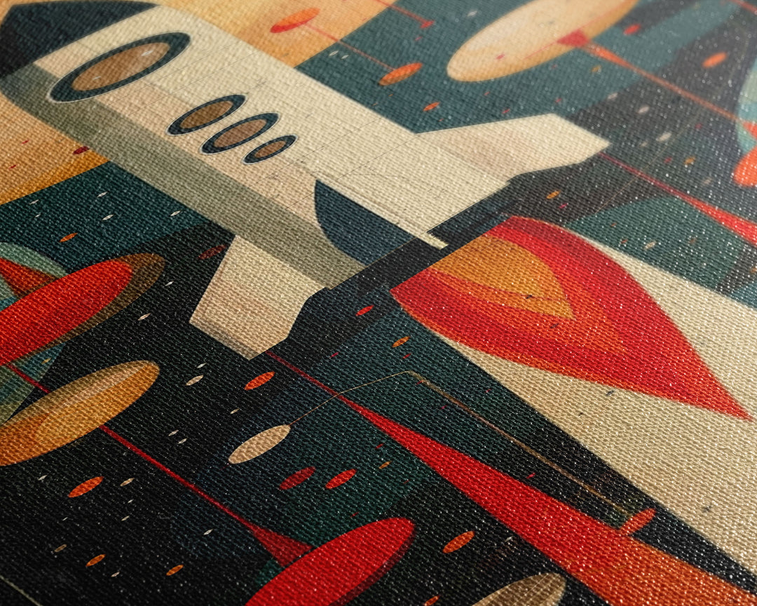 Vintage Rocket Launch Art - Framed Canvas Print, Midcentury Modern Skinny Art, Tall Wall Art for Living Room or Bedroom Decor