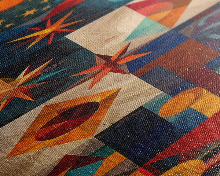 Geometric Cosmic Design in Red and Blue Tones - Framed Canvas Print, Midcentury Modern Art, Skinny Art, Tall Art, Living Room Wall Decor, Boho Art