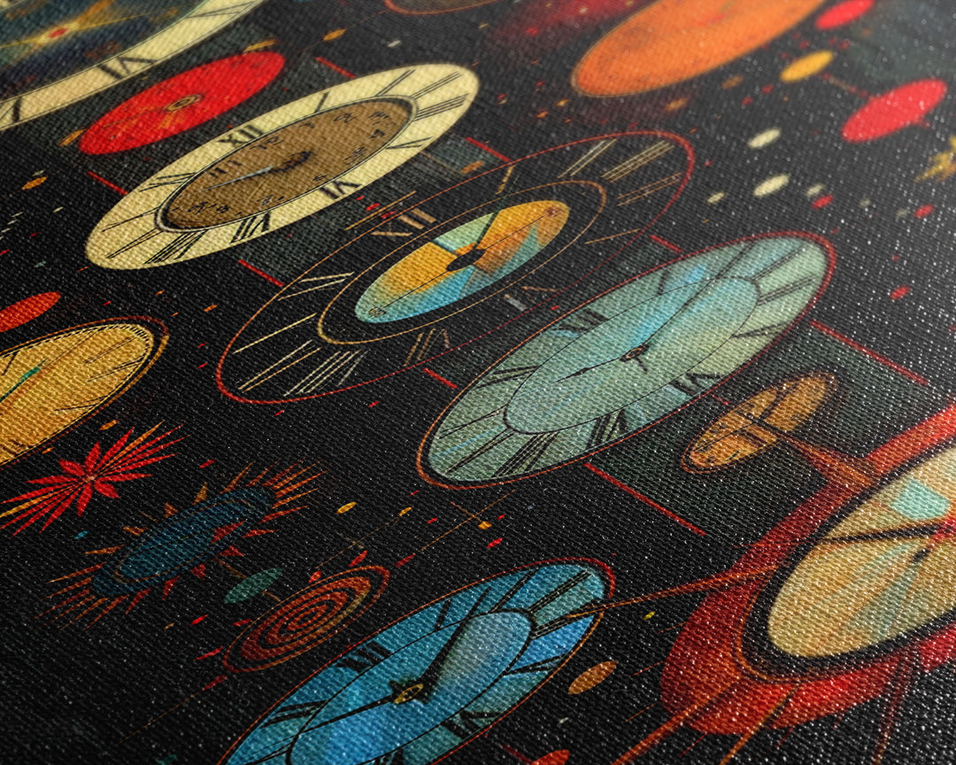 Interdimensional Wall Art, Retro Art Deco Clocks, Framed Canvas Print, Surrealist Decor