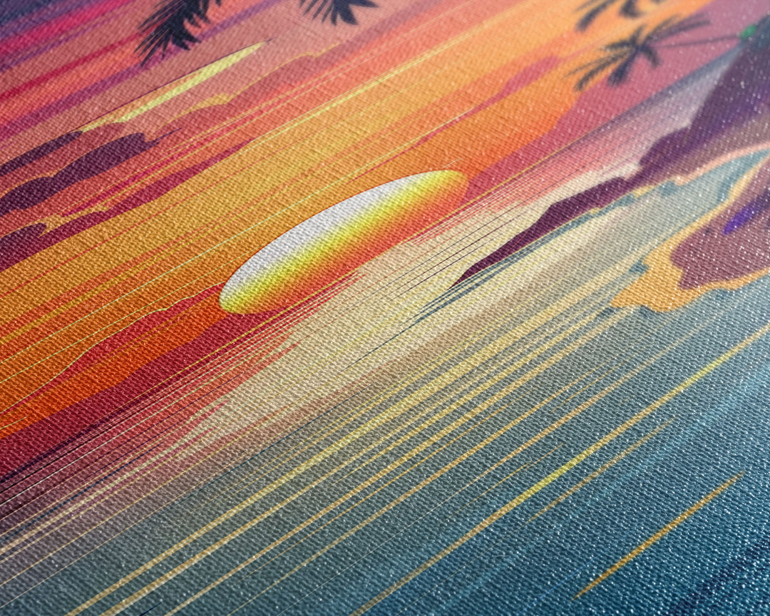 Coastal Sunset Palm Trees Midcentury Modern Art - Framed Canvas Print, Boho Art, Skinny Art, Living Room Art, Bedroom Decor, Tropical Landscape