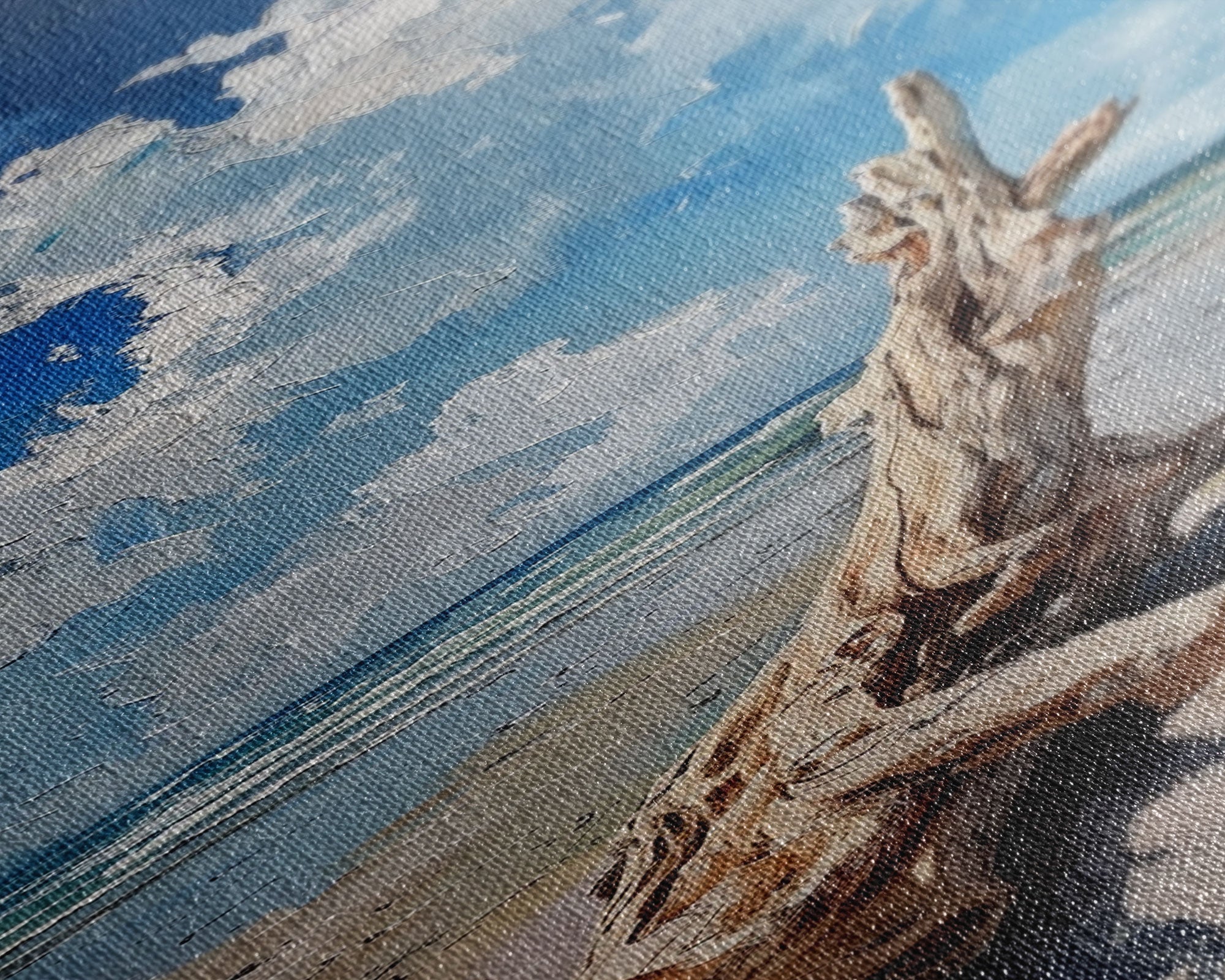 Framed Canvas Print Tall Art Featuring a Piece of Driftwood on a Sandy Beach with Bright Blue Sky and Ocean Waves, Ideal Skinny Art for Coastal Homes