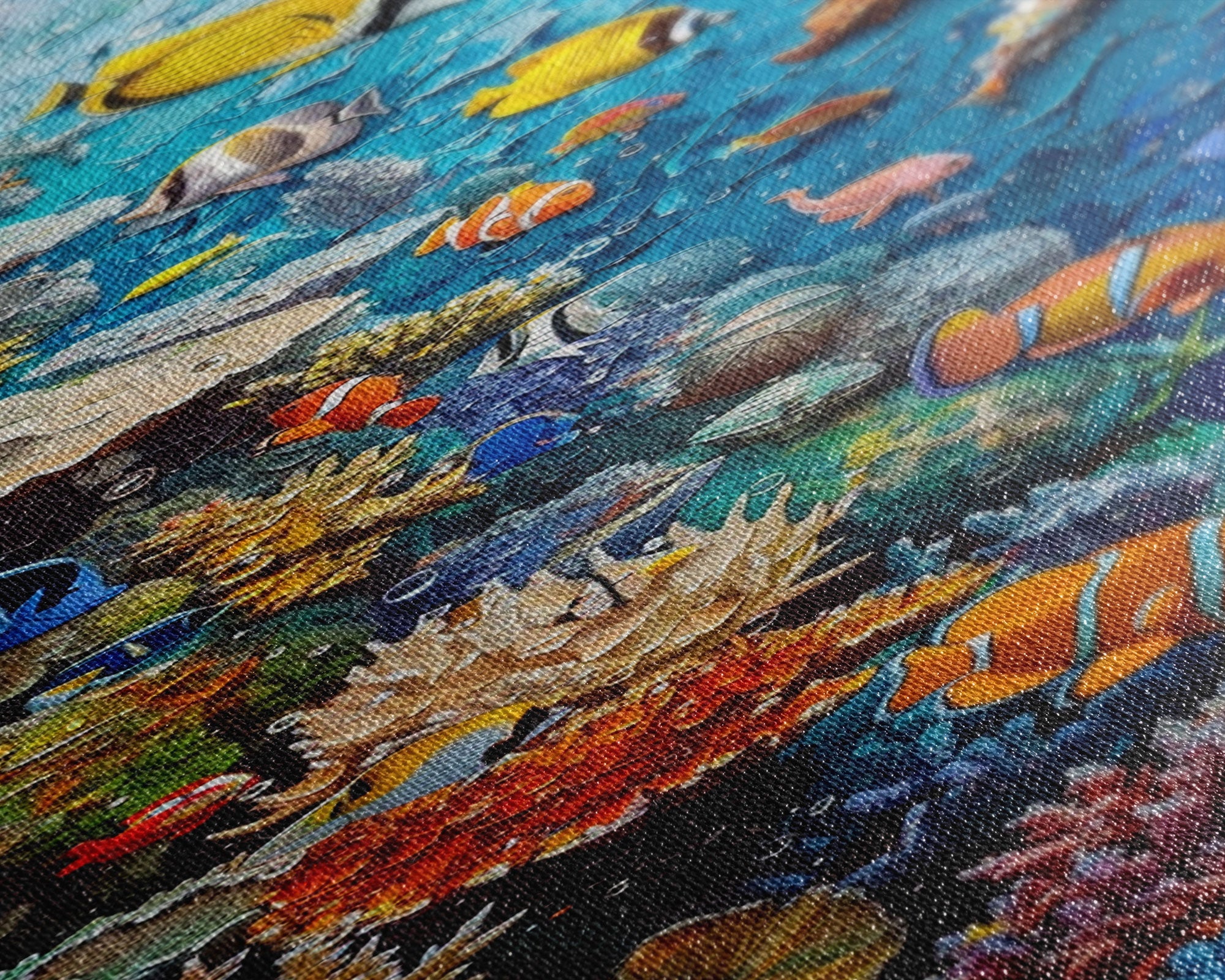 Vibrant Coral Reef Underwater Scene Featuring Diverse Tropical Fish on a Framed Canvas Print Skinny Art Piece