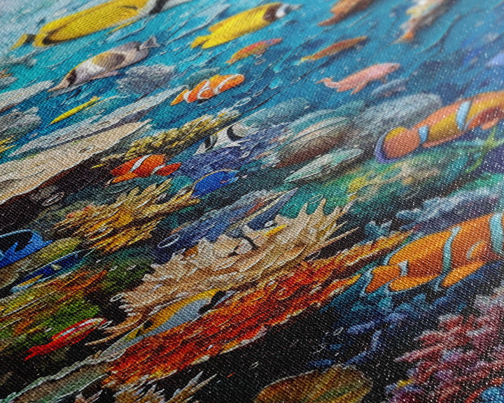 Vibrant Coral Reef Underwater Scene Featuring Diverse Tropical Fish on a Framed Canvas Print Skinny Art Piece