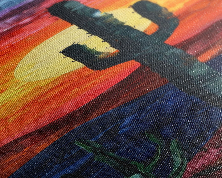 Desert Landscape with Saguaro Cactus Silhouette Against a Fiery Sunset on a Framed Canvas Print Skinny Art Piece