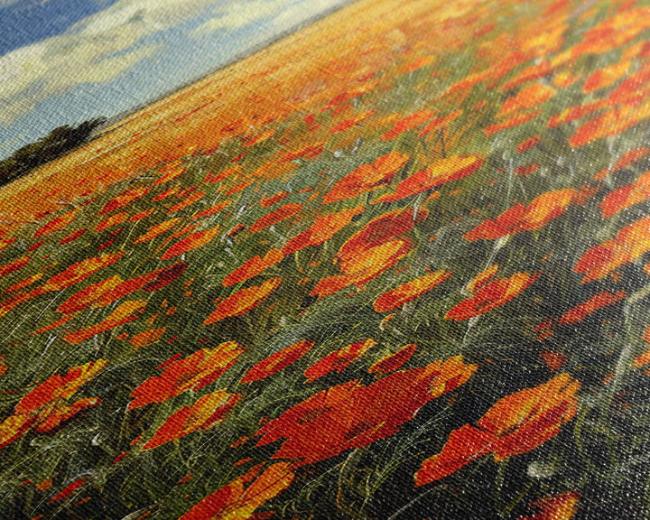 Expansive Poppy Field Under a Bright Blue Sky on a Framed Canvas Print Skinny Art Piece