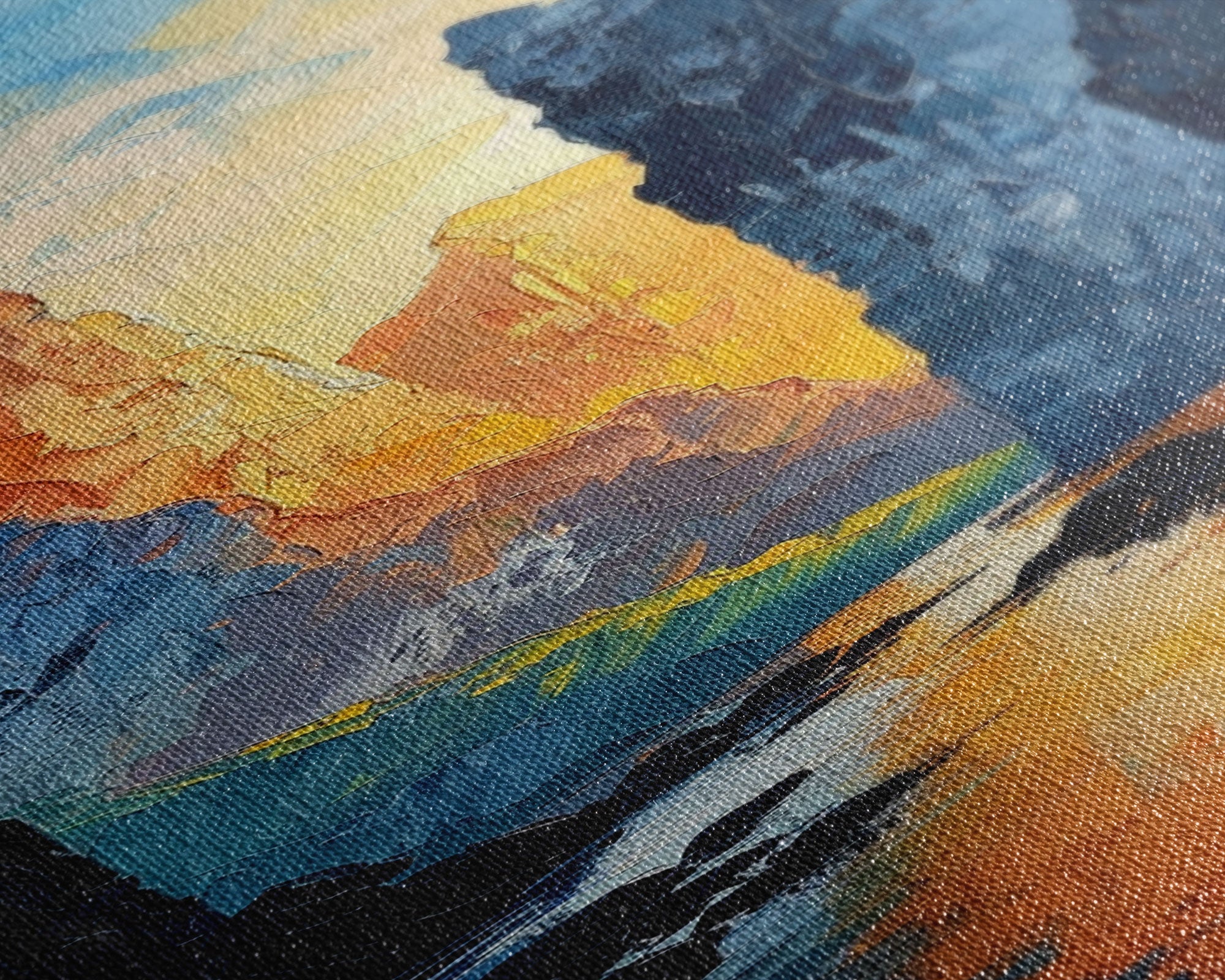 Sunset Peaks Through The Mountain Valley, Framed Canvas Print, Retro MCM Inspired Landscape Painting, Living Room Or Office Decor