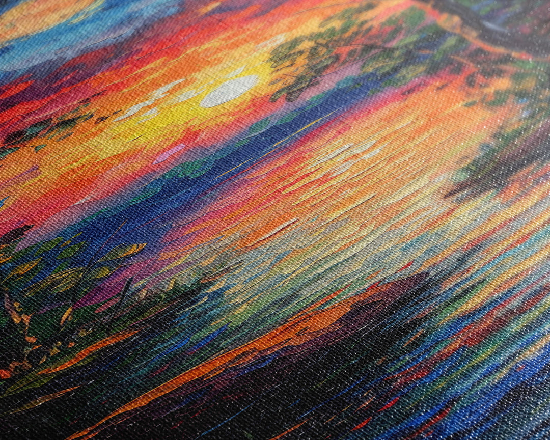 Sunset and Full Moon Over The lake Framed Canvas Print, Nature Decor, Landscape Oil Painting Print Wall Art, Skinny / Tall Art for Small Spaces