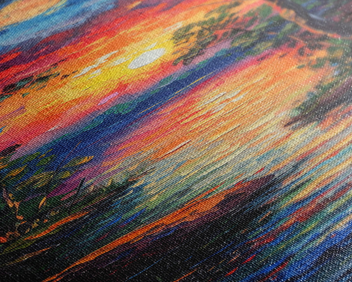 Sunset and Full Moon Over The lake Framed Canvas Print, Nature Decor, Landscape Oil Painting Print Wall Art, Skinny / Tall Art for Small Spaces