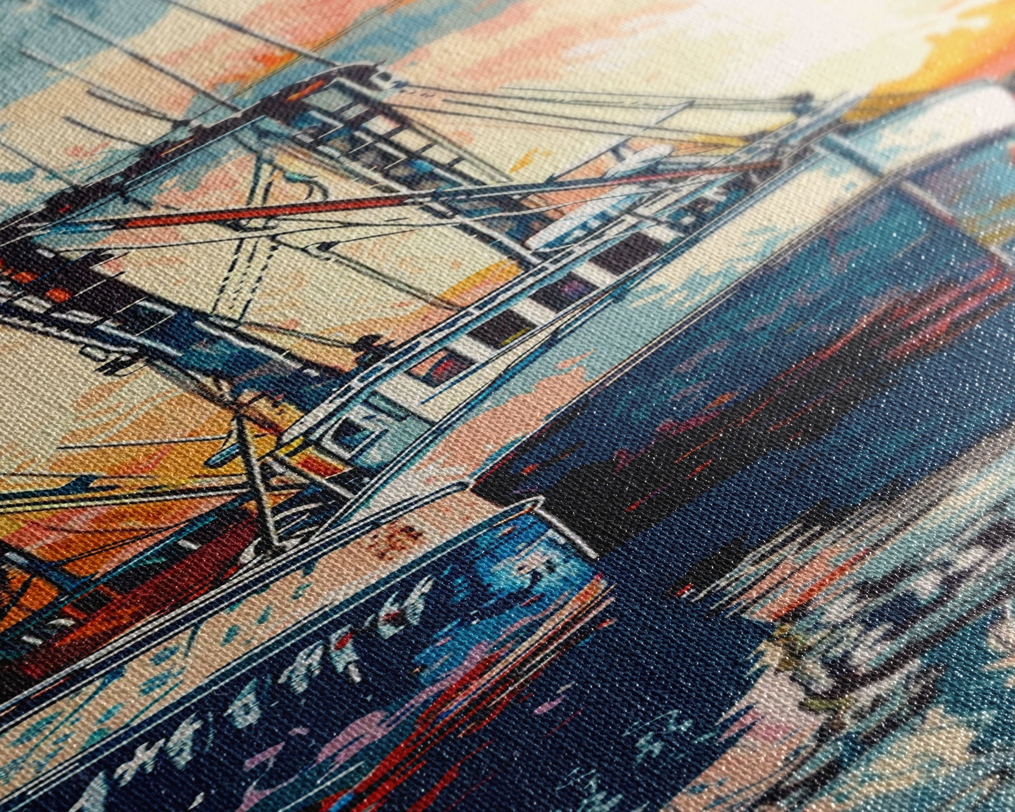 Majestic Fishing Boats Resting in a Vibrant Sunset Harbor - Skinny Art, Japanese Wall Decor, Framed Canvas Print, Ukiyo-e Style