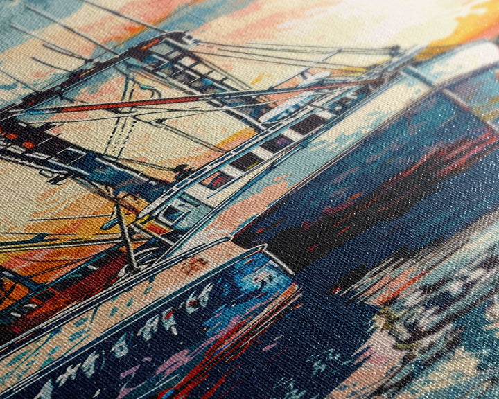 Majestic Fishing Boats Resting in a Vibrant Sunset Harbor - Skinny Art, Japanese Wall Decor, Framed Canvas Print, Ukiyo-e Style