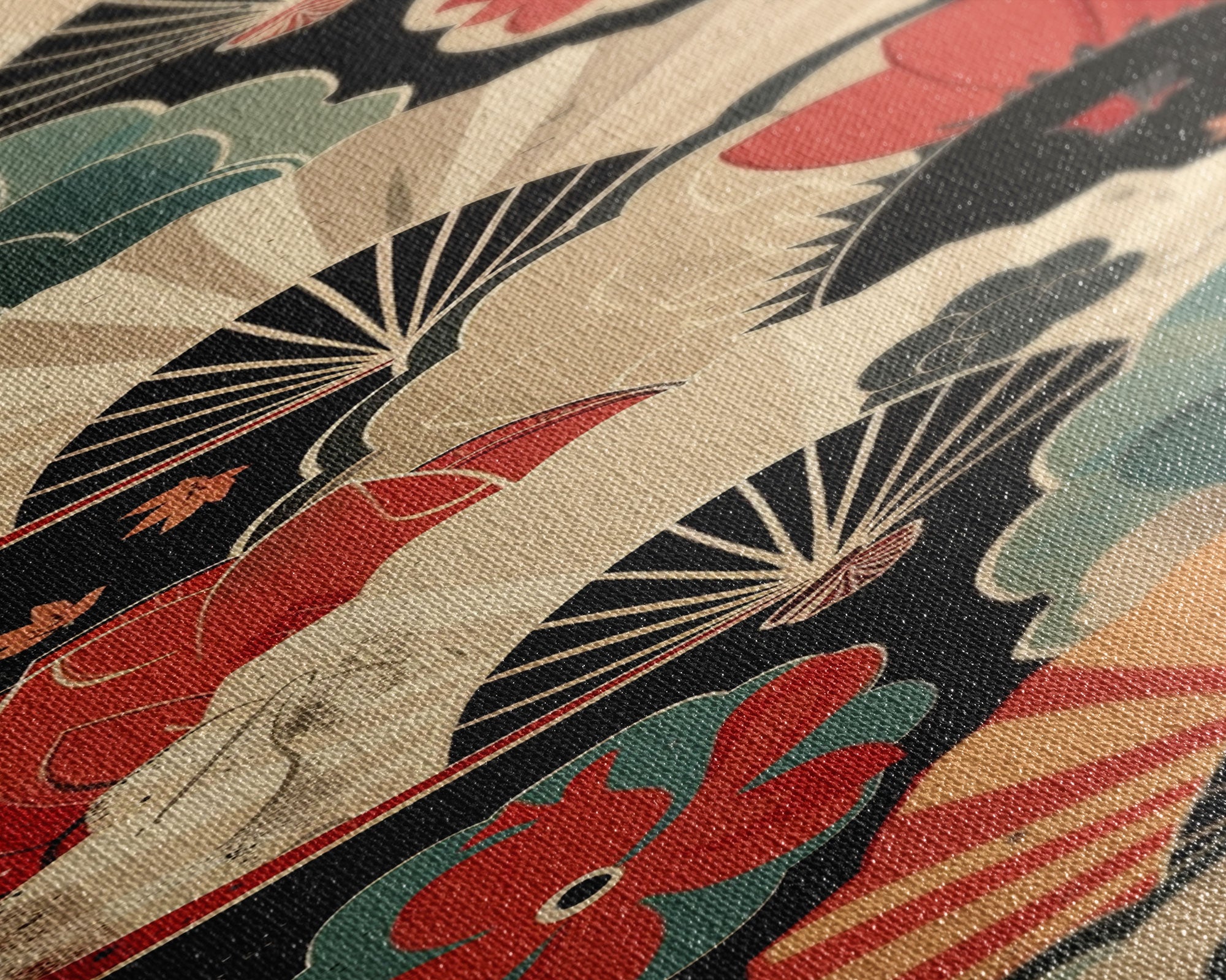 Japanese-Inspired Fan Art in Bold Red and Cream Accents on Tall Vertical Canvas Print Featuring Elegant Floral Design