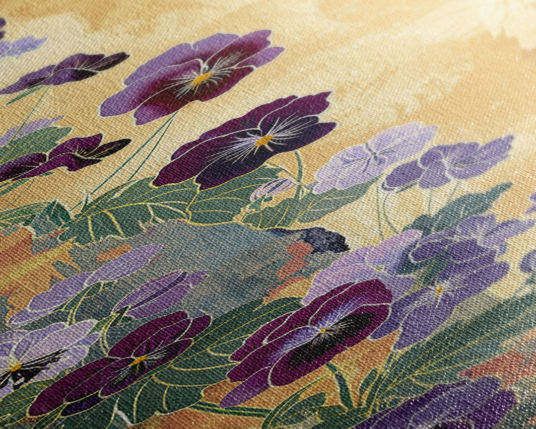 Deep Purple Pansy Flowers Against Textured Gold Background on Tall Vertical Canvas Print for Rich Floral Wall Decor