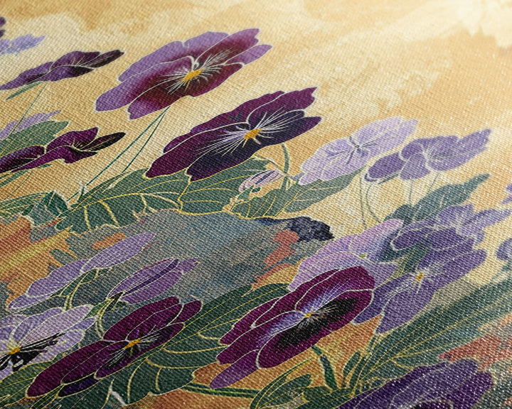 Deep Purple Pansy Flowers Against Textured Gold Background on Tall Vertical Canvas Print for Rich Floral Wall Decor