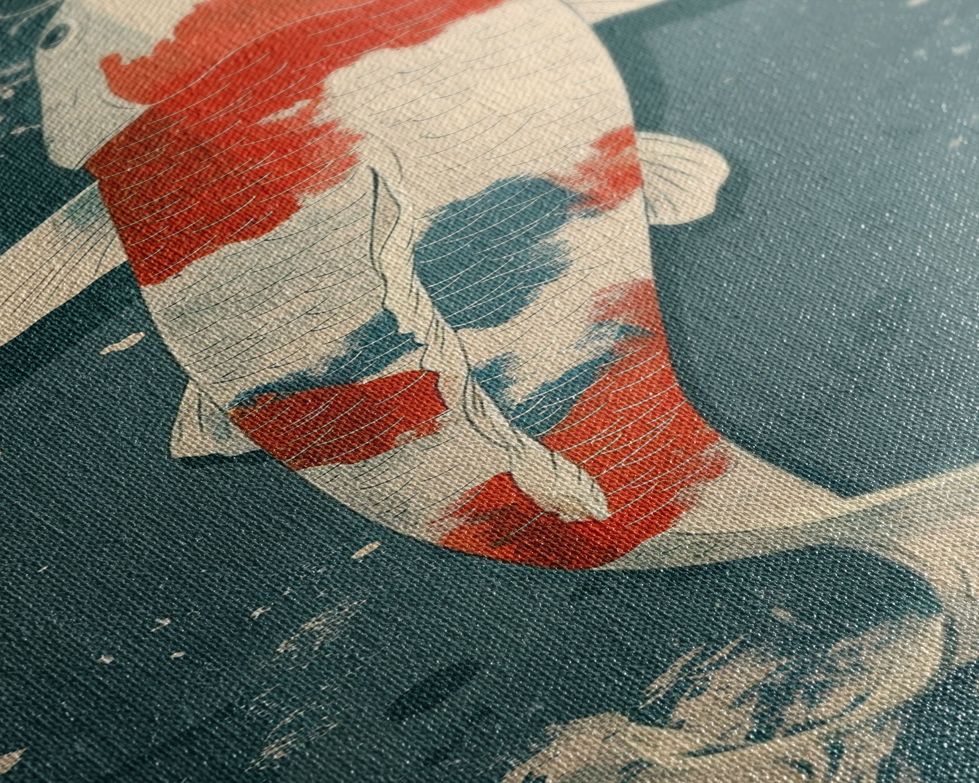 Serene Koi Fish Swimming in Deep Blue Water with Red Accents on Tall Vertical Japanese-Inspired Canvas Print