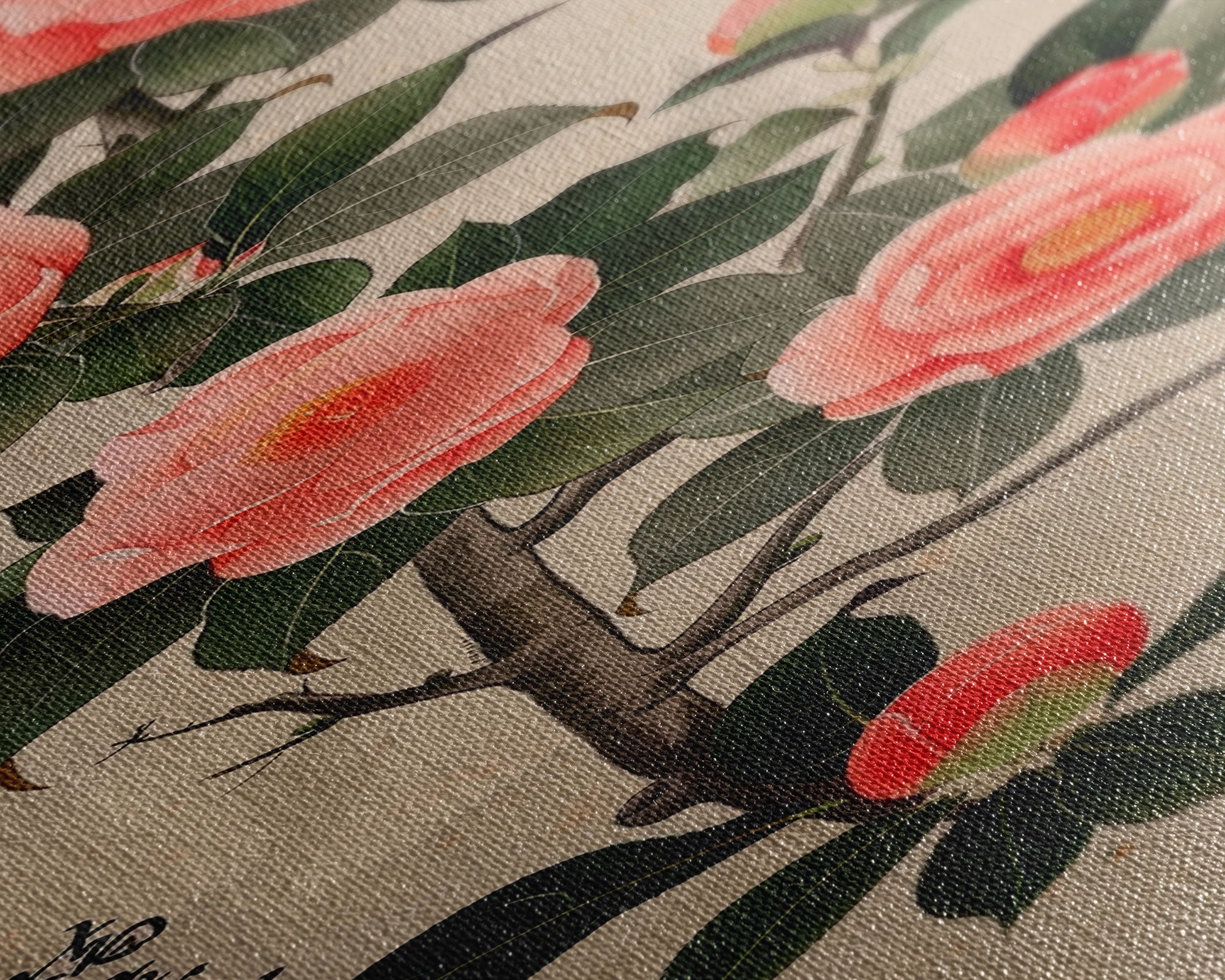 Framed Canvas Print Of Japanese Floral Art With Camellia Blossoms And Detailed Leaves Ready To Hang Traditional Japanese Wall Art Decor