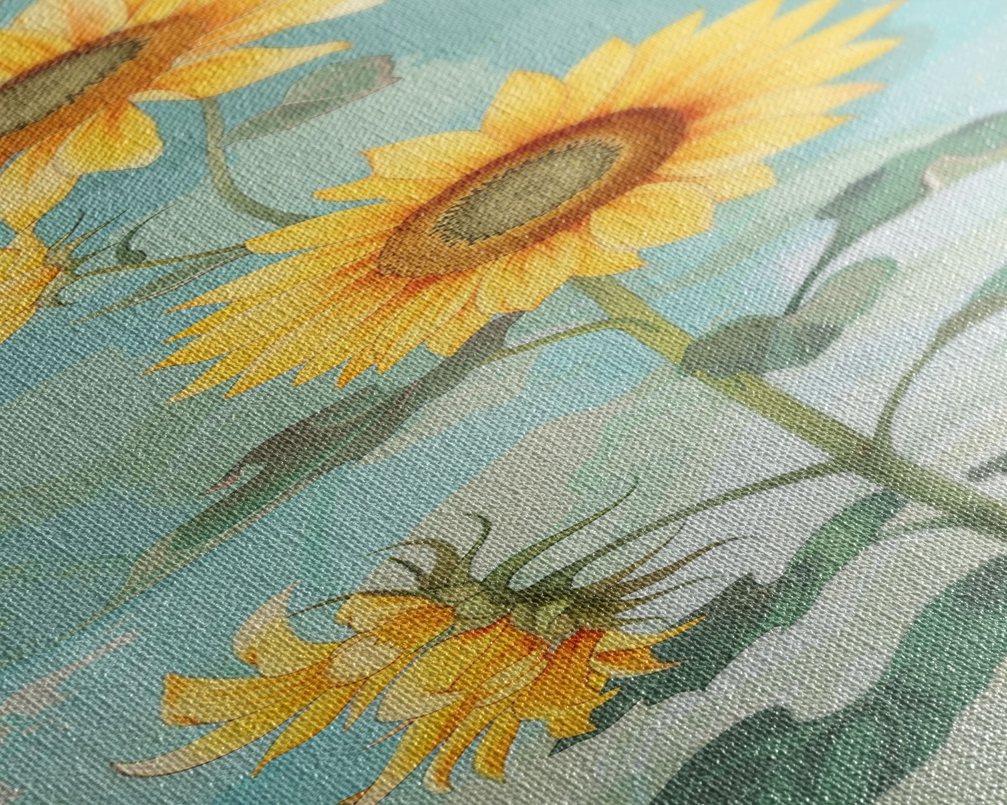 Japanese Skinny Art of Sunflowers with Golden Petals and Verdant Stems on a Pastel Blue Background – Framed Canvas Print