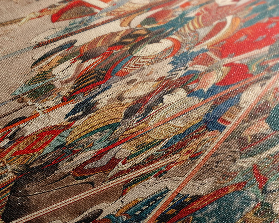 Samurai Warriors in Battle – Traditional Japanese Skinny Art with Historic Details – Framed Canvas Print