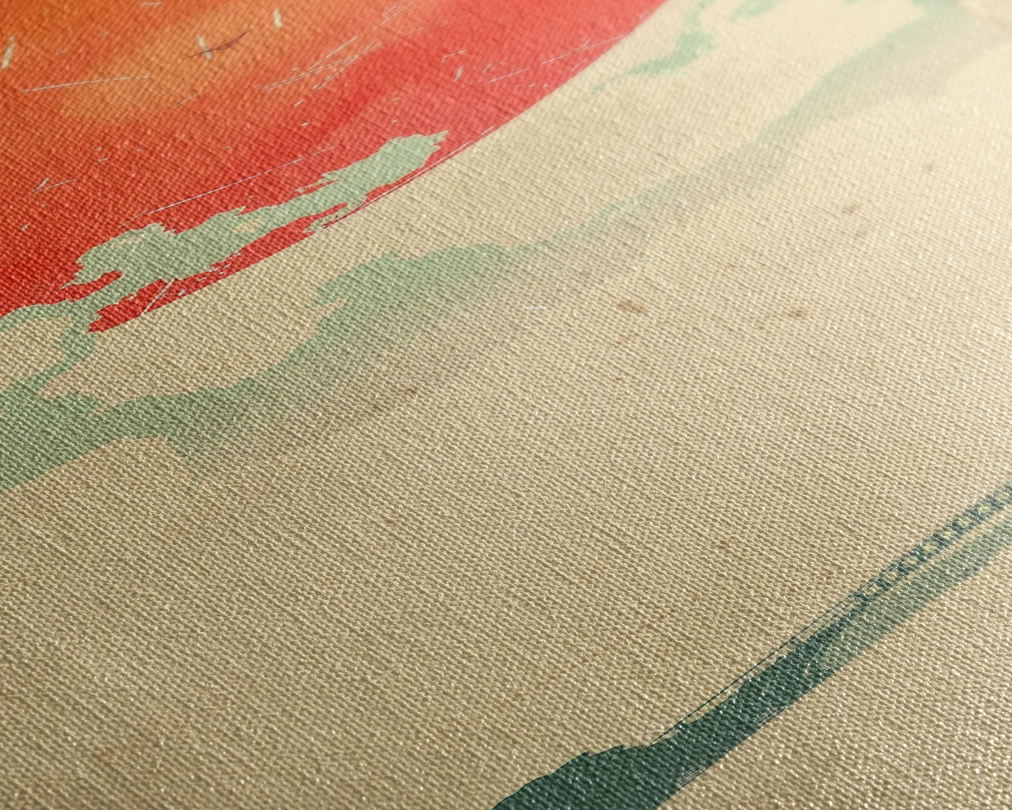 Large Red Sun Over River, Japanese Art Inspired by Ukiyo-e, Framed Canvas Print for Tall Skinny Wall Spaces
