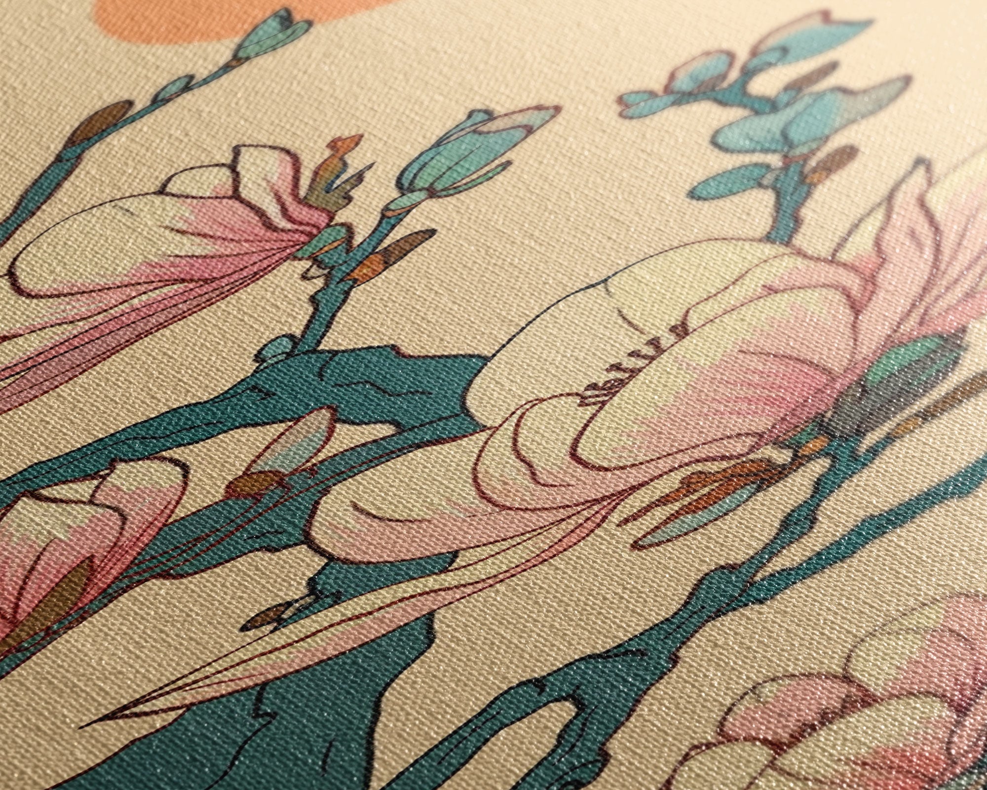 Delicate Magnolia Blossoms in Ukiyo-e Style, Tall Skinny Framed Canvas Print, Japanese Art for Vertical Spaces