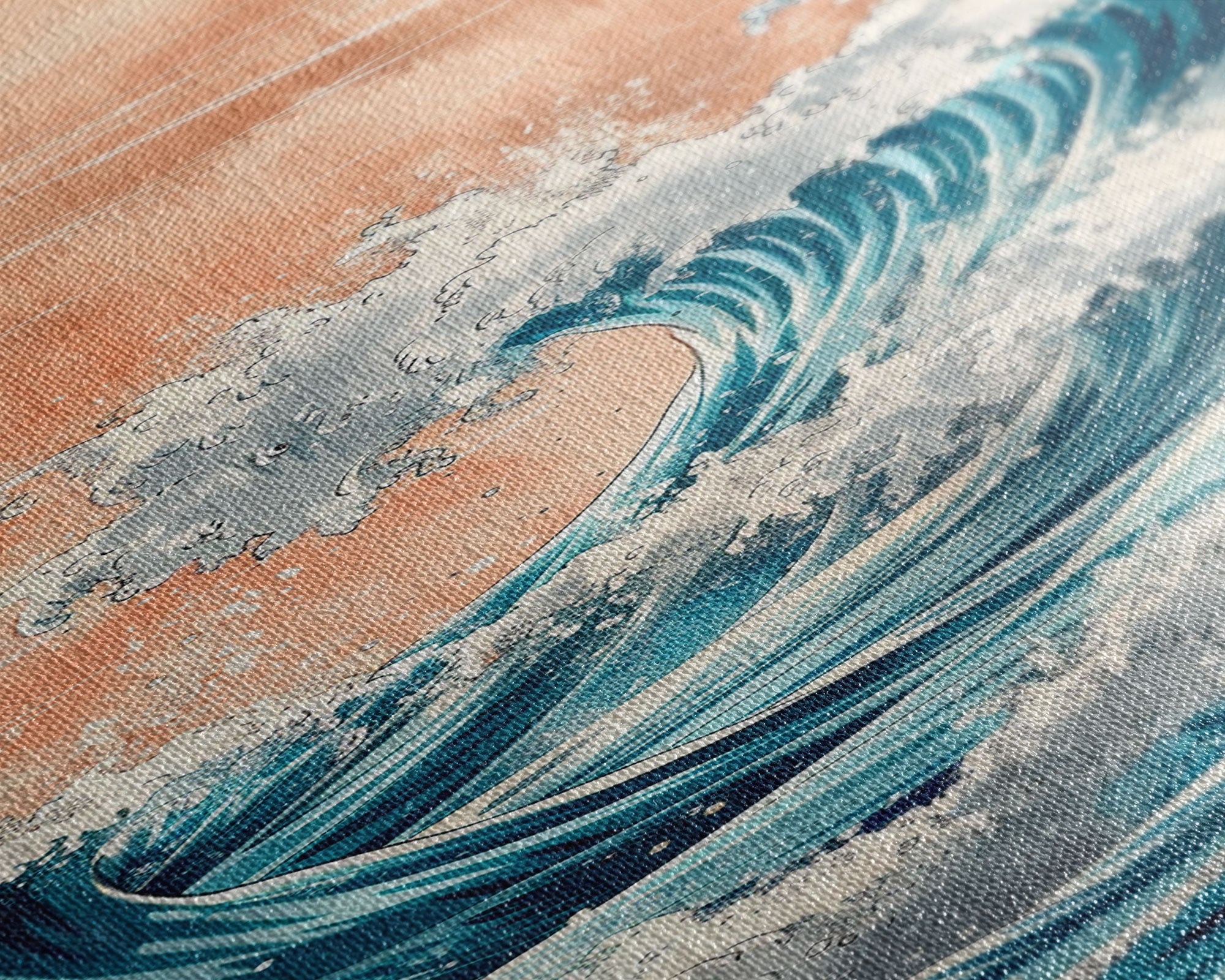 Majestic Wave, Peach Sky, Japanese Art, Skinny Art, Tall Art, Framed Canvas Print, Ukiyo-e Style