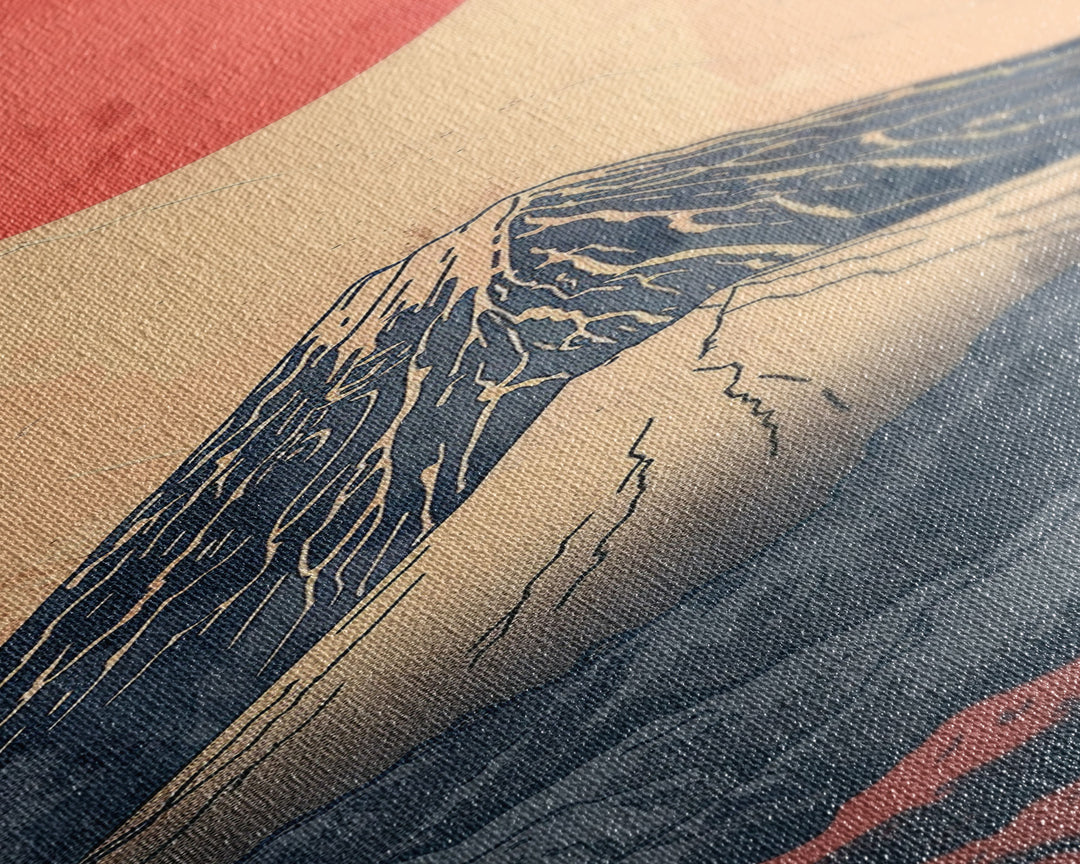 Mount Fuji Under a Red Sun Skinny Art Ukiyo-e Tall Framed Canvas Print Inspired by Japanese Landscape