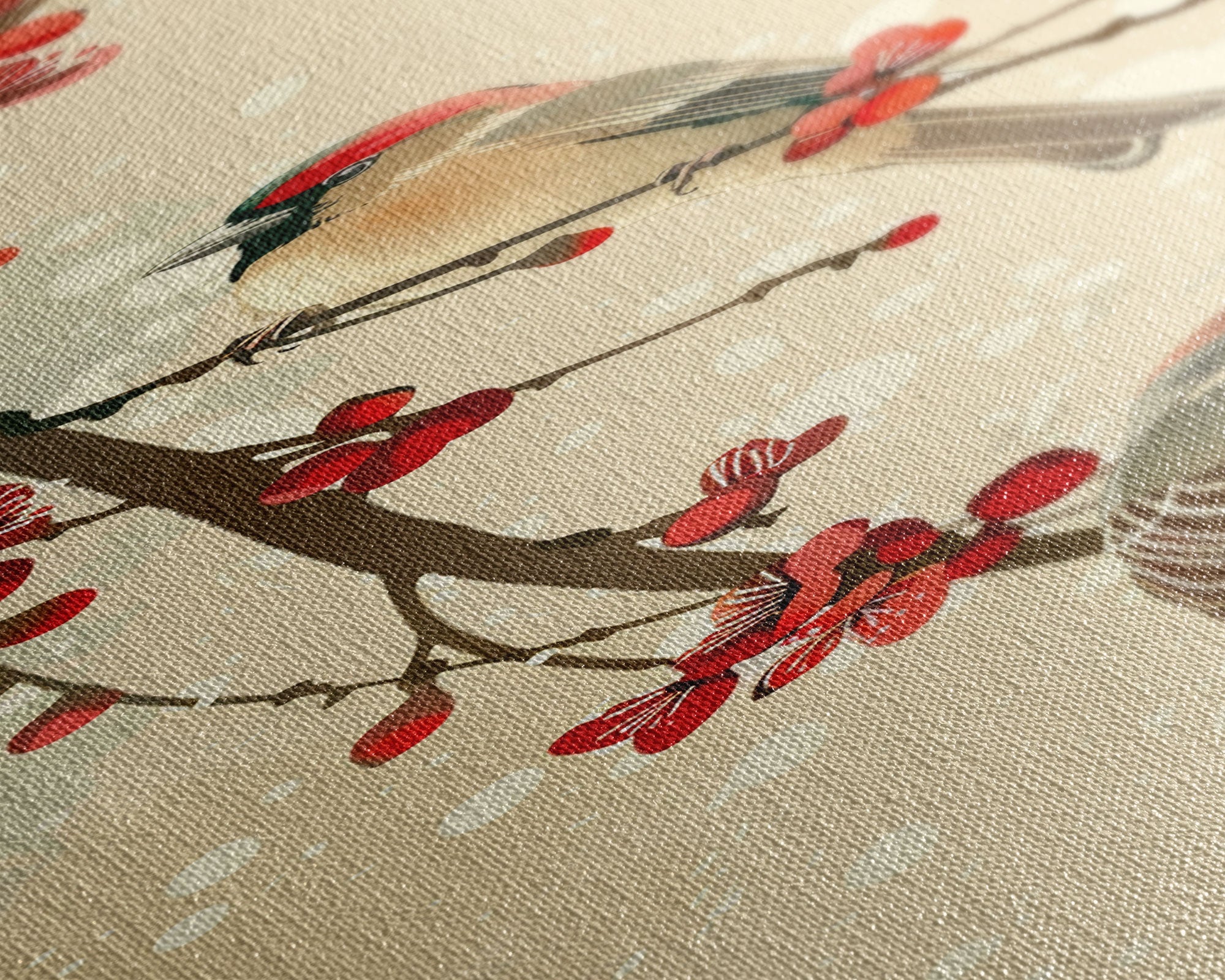 Skinny Art Sparrows And Cherry Blossoms In Japanese Style Wood Block Print Gentle Color Palette On Framed Canvas Print, Tall Art Ukiyo-e