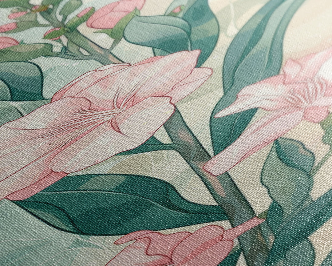 Skinny Art Pink Oleander Flowers In Japanese Style Wood Block Print Elegant Pastel Hues On Framed Canvas Print, Tall Art Ukiyo-e