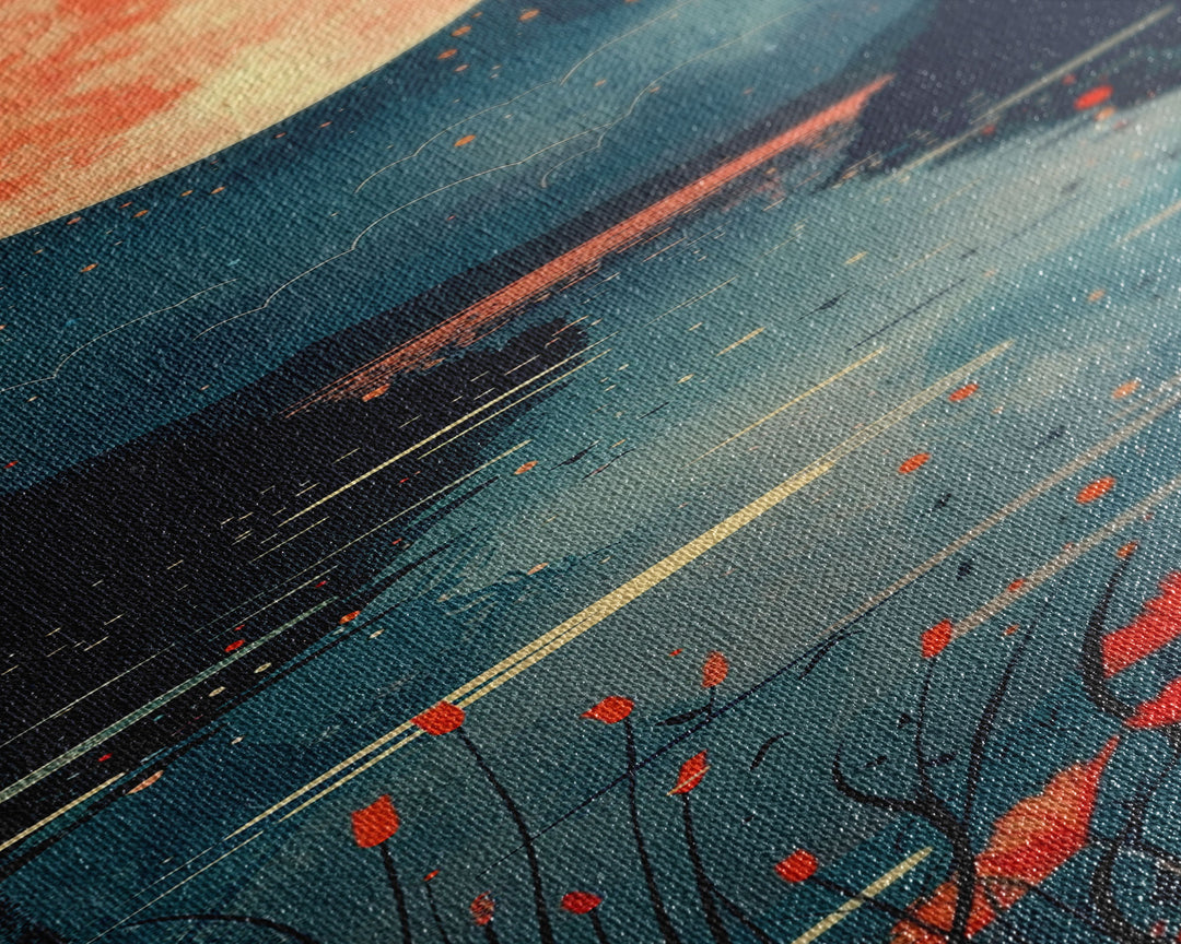 Skinny Art Full Moon Over Lake In Japanese Style Wood Block Print Vibrant Night Scene On Framed Canvas Print, Tall Art Ukiyo-e