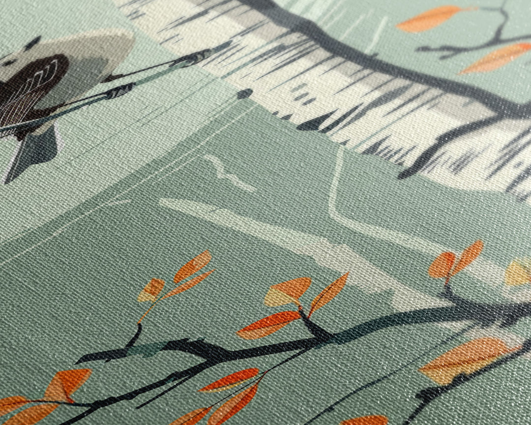 Skinny Art Bird On Birch Tree In Japanese Style Wood Block Print Autumn Tones On Framed Canvas Print, Tall Art Ukiyo-e