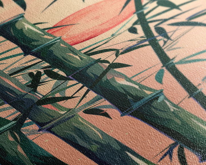 Framed Canvas Print Of Bamboo Stalks And Red Sun, Traditional Japanese Style Wall Art Ready To Hang For Asian Inspired Decor