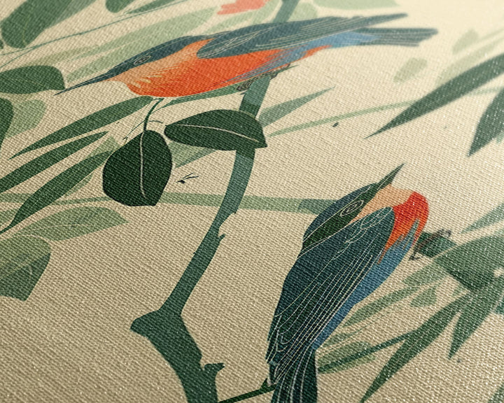 Skinny Art Tall Art Framed Canvas Print Birds Amongst Dense Greenery And Red Flowers Ukiyo-e Japanese Style Art Wood Block Print