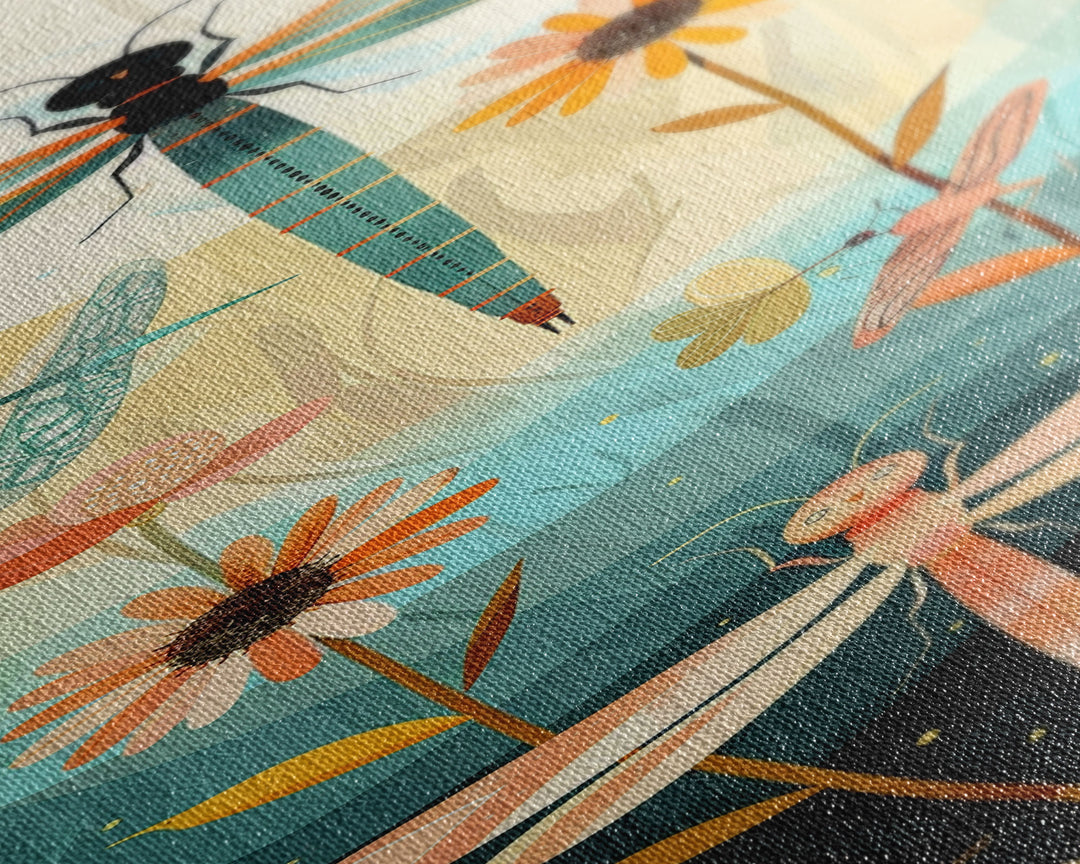 Dragonfly Gathering Night Glow Vibrant Colors Skinny Art Tall Art Framed Canvas Print Japanese Style Art Ukiyo-e Art Wood Block Print Insect Art