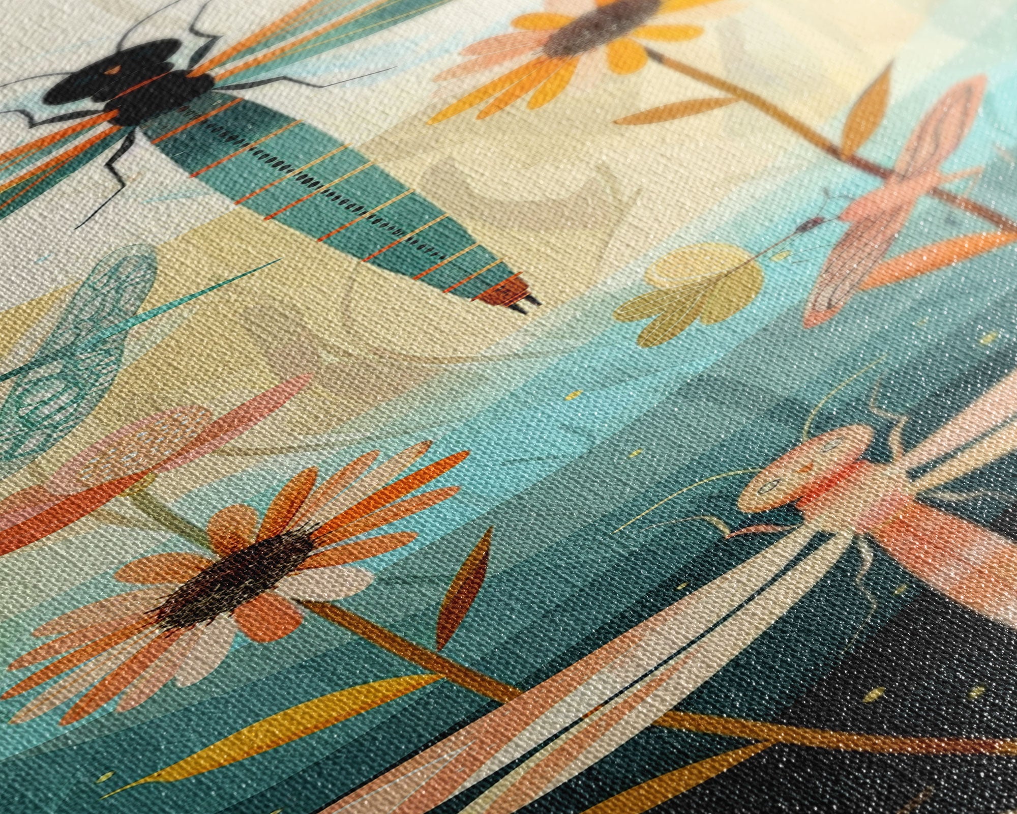 Dragonfly Gathering Night Glow Vibrant Colors Skinny Art Tall Art Framed Canvas Print Japanese Style Art Ukiyo-e Art Wood Block Print Insect Art
