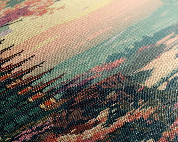 Japanese Pagoda Among Sakura Trees Under Yellow Moon Tall Art Skinny Art Framed Canvas Print Japanese Style Art Ukiyo-e Wood Block Print