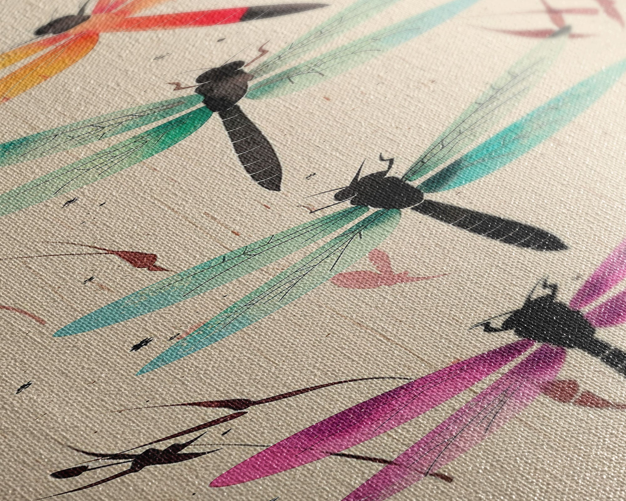 Dragonflies In Flight With Delicate Details Japanese Style Framed Canvas Print, Wall Art Ready To Hang For Nature Lovers